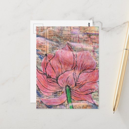 Pink Flower Map and Words Mixed Media Collage Postkarte (Vorderseite/Rückseite Beispiel)