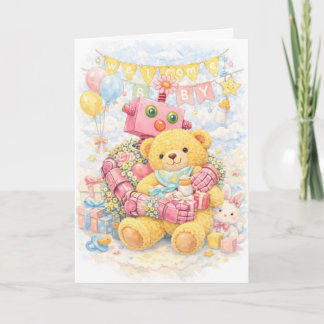 Pink Flower Robot & Teddy – Welcome Baby Shower Karte
