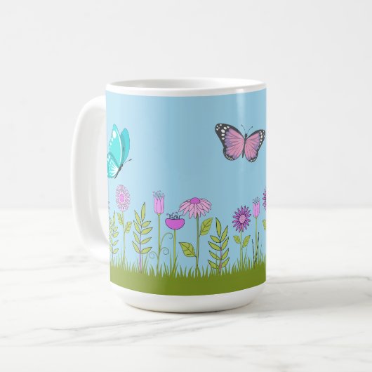 Pink Flowers and Butterfly All-Over Print Kaffeetasse (Vorderseite Links)