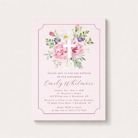 Pink FLOWERS Baptism Invitation for Girl Einladung