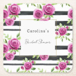 Pink Flowers Black Stripes Bridal Shower Rechteckiger Pappuntersetzer<br><div class="desc">Pink Flowers Black Stripes Bridal Shower</div>