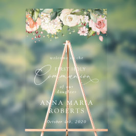 Pink Flowers, Boho, First Holy Communion Welcome Acrylschild