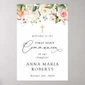 Pink Flowers, Boho, First Holy Communion Welcome Poster (Vorne)