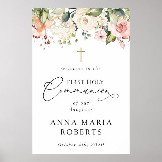 Pink Flowers, Boho, First Holy Communion Welcome Poster (Vorne)