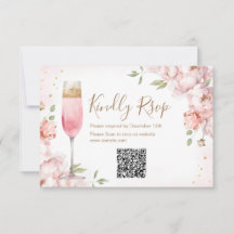 Pink Flowers Brunch & Bubbly Shower QR RSVP Karte