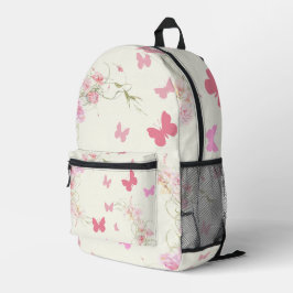 Pink Flowers, Butterflies, Pale Pink Background Bedruckter Rucksack