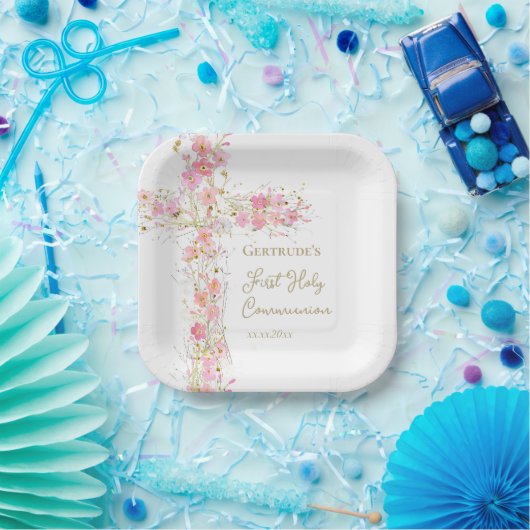 pink flowers cross First Holy Communion Pappteller (Party)