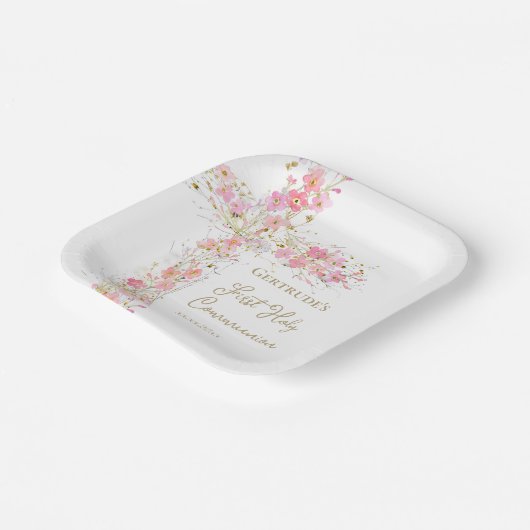  pink flowers cross First Holy Communion Pappteller (Gewinkelt)