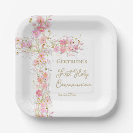 pink flowers cross First Holy Communion Pappteller