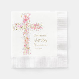 pink flowers cross First Holy Communion Serviette