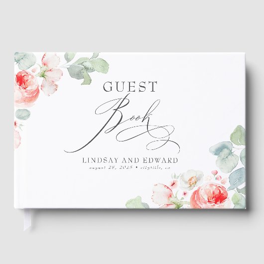 Pink Flowers Elegant Romantic Greenery Wedding Gästebuch (Vorderseite)
