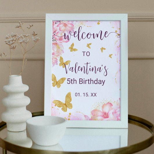 Pink Flowers Golden Butterflies Party Welcome Poster