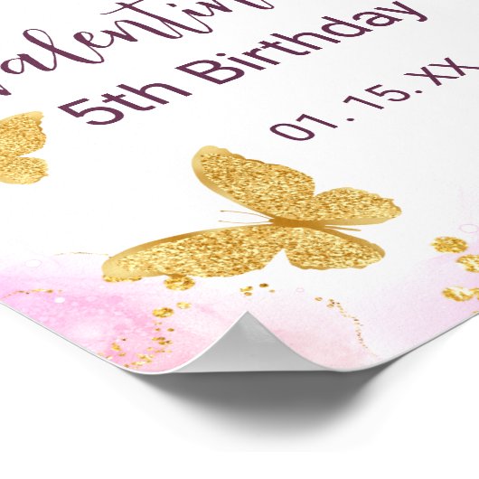 Pink Flowers Golden Butterflies Party Welcome Poster (Ecke)