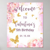 Pink Flowers Golden Butterflies Party Welcome Poster (Vorne)