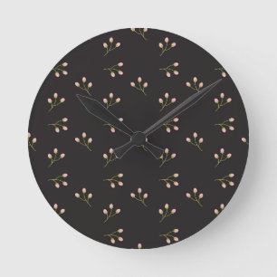 Pink Flowers Green Stem Black Floral Spring Runde Wanduhr