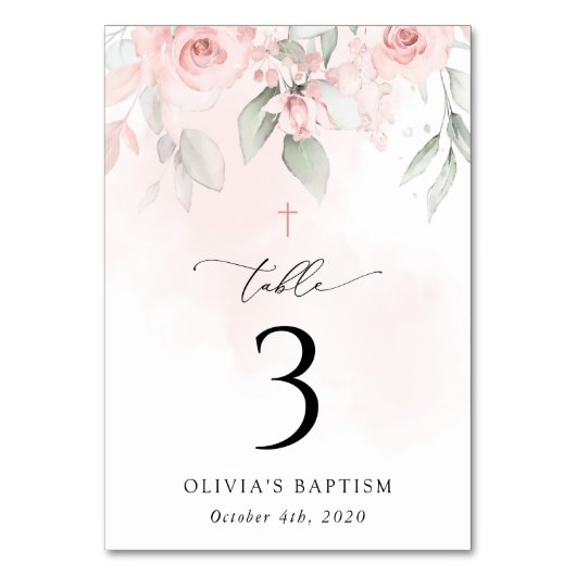 Pink Flowers, Greenery, Baptism Table Numbers Tischnummer (Rückseite)