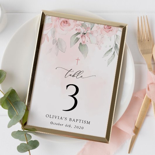 Pink Flowers, Greenery, Baptism Table Numbers Tischnummer
