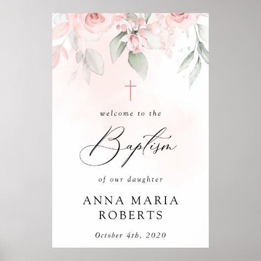 Pink Flowers, Greenery, Boho, Baptism Welcome Poster (Vorne)