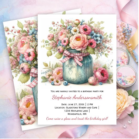 Pink Flowers Mason Jar Birthday Party | Invitation Einladung