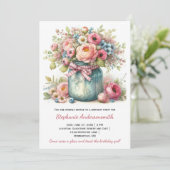 Pink Flowers Mason Jar Birthday Party | Invitation Einladung (Stehend Vorderseite)