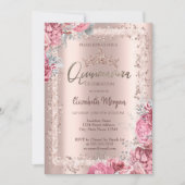 Pink Flowers Rose Gold Glitter Frame Crown  Einladung (Vorderseite)