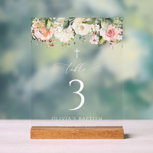 Pink Flowers, White Flowers, Baptism Table Numbers Acrylschild (Neutral)