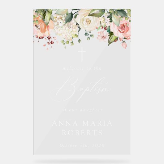 Pink Flowers, White Flowers, Boho, Baptism Welcome Acrylschild (Vorderseite)