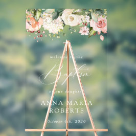 Pink Flowers, White Flowers, Boho, Baptism Welcome Acrylschild