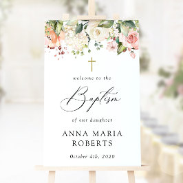 Pink Flowers, White Flowers, Boho, Baptism Welcome Poster