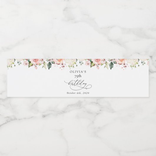 Pink Flowers, White Flowers, Boho, Birthday Wasserflaschenetikett (Einzelnes Label)