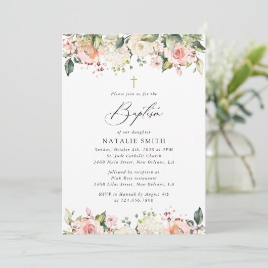 Pink Flowers, White Flowers, Boho, Floral Baptism Einladung (Stehend Vorderseite)