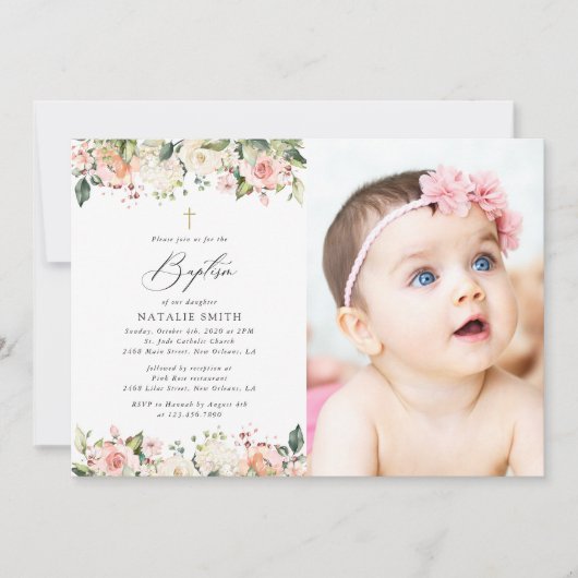 Pink Flowers, White Flowers, Boho, Floral Baptism Einladung (Vorderseite)