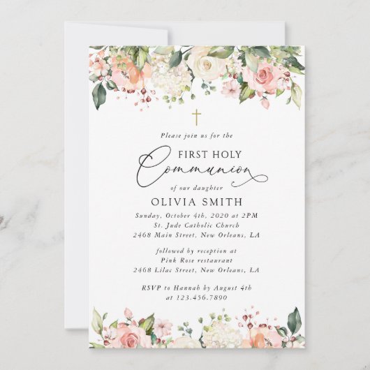 Pink Flowers, White Flowers, First Holy Communion Einladung (Vorderseite)