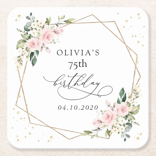 Pink Flowers, White Flowers, Greenery, Birthday Rechteckiger Pappuntersetzer (Vorderseite)
