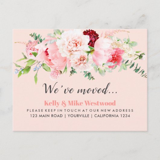 Pink FlowerWir haben neue Adresse Neue Zuhause ver Postkarte (Vorderseite)