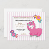 Pink Fluffy Llama Stripe Erster Geburtstag Einladu Postkarte (Vorne/Hinten)