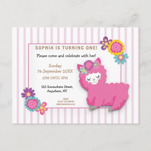 Pink Fluffy Llama Stripe Erster Geburtstag Einladu Postkarte (Vorderseite)