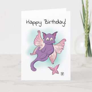 Pink Flying Kitten Happy Birthday Karte