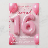Pink Foil Balloon Typography Sweet 16 Birthday Einladung (Vorderseite)