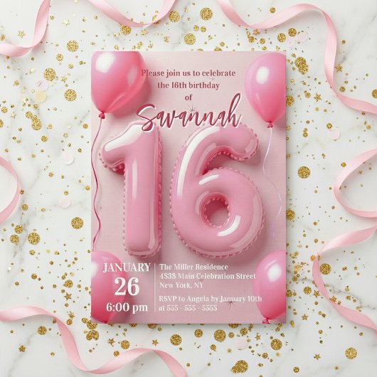 Pink Foil Balloon Typography Sweet 16 Birthday Einladung