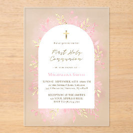 pink foliage First Holy Communion frosted Acryleinladungen