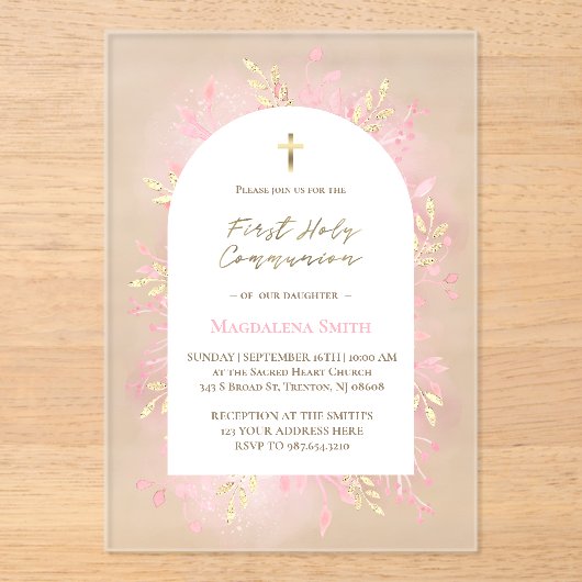 pink foliage First Holy Communion frosted  Acryleinladungen (Vorderseite)