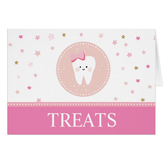 Pink Food Label Karte für das First Tooth Party (Vorderseite (Horizontal))