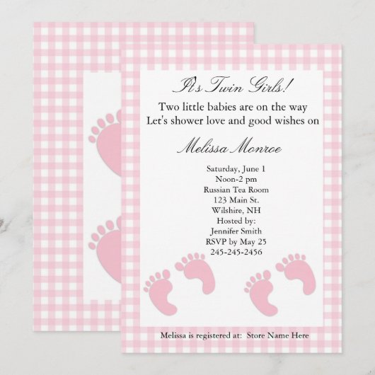 Pink Footprints Twins Dusche Einladung (Vorne/Hinten)