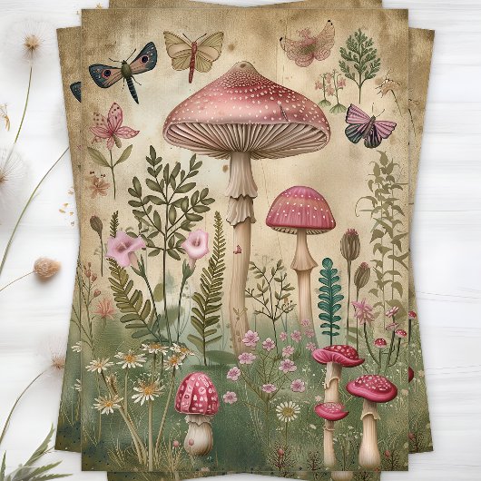 PINK FOREST MUSHROOMS DECOUPAGE TISSUPAPIER SEIDENPAPIER