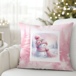 Pink Forest Snowman Bright Winter Scene Cushion Kissen