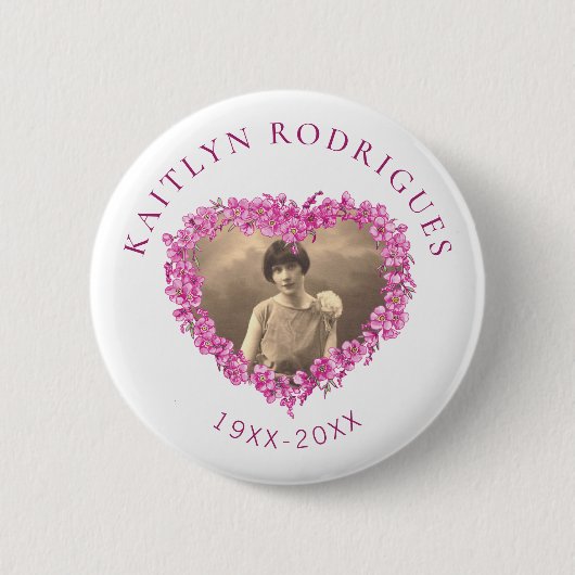 Pink forget-me-not flowers heart foto memorial button (Vorderseite)