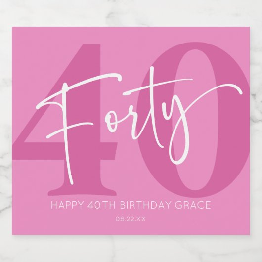 Pink Forty 40th Fortieth Birthday Party Gift Schaumweinetikett (Einzelnes Label)
