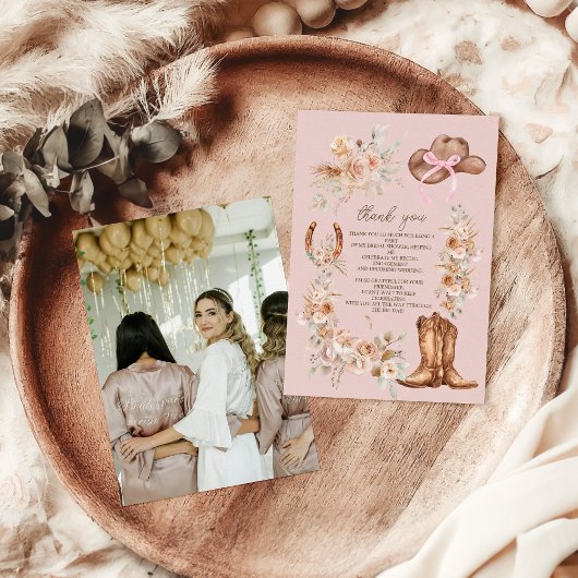 Pink Foto Boho Floral Western Brautparty Dankeskarte