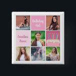 Pink Foto Collage Custom Women's Birthday Party Button<br><div class="desc">Hübscher,  individueller Frauengeburtstag-Party-Knopf mit einer 6-Bildvorlage Collage einer jungen Frau oder Teenager-Mädchen mit ihrem Namen auf den niedlichen rosa Quadraten neben einem schönen Geburtstagskuchen. Personalisierten gürtelfrohe Geburtstagsknöpfe.</div>